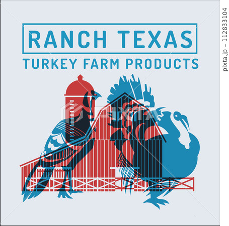 blue turkey with chicken on the background of a traditional red farm. Farm products. Stamp. Risograph effect. Vector flat illustration. 112833104