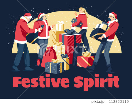 a group of people who work with the delivery of Christmas gifts. Festive decoration, snow. Gift shop service concept. vector flat illustration 112833119