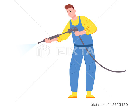 Car washing service worker spraying water. Cleaning transport 112833120