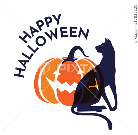 A black cat with pumpkin. Risograph effect. Concept of a greeting card for Halloween. Flat vector illustration 112833129
