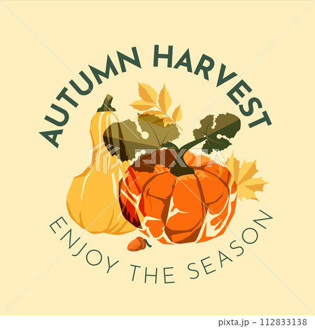 agriculture, gardening and autumn harvest concept. Pumpkin with autumn leaves and text. Risograph effect. Vector flat illustration agriculture, gardening and autumn harvest concept. Pumpkin with autumn leaves and text. Risograph effect. Vector flat illustration 112833138