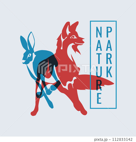 red fox and blue hare silhouette stamp. Risograph effect. Vector flat illustration. 112833142