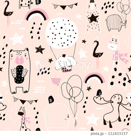 Seamless childish pattern with cute hand drawn animals and textures. Creative kids texture for fabric, wrapping, textile, wallpaper, apparel. Vector illustration 112833157
