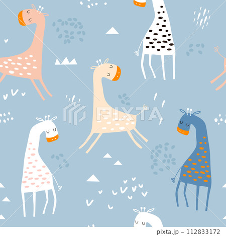 Seamless childish pattern with cute giraffe and hand drawn shapes. Creative kids texture for fabric, wrapping, textile, wallpaper, apparel. Vector illustration 112833172