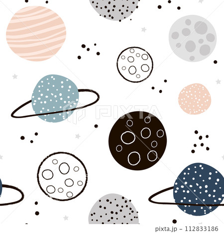 Childish seamless pattern with hand drawn space elements space, planets. Trendy kids vector background. Childish seamless pattern with hand drawn space elements space, planets. Trendy kids vector background. 112833186