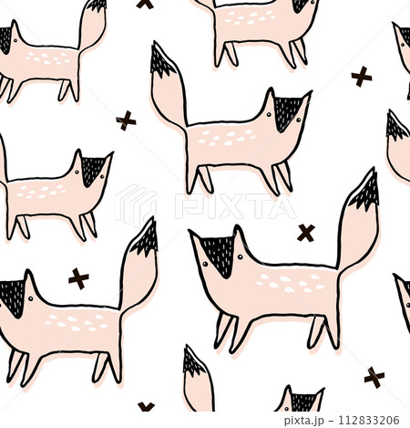 Seamless pattern with hand drawn foxes. Creative scandinavian modern texture for fabric, wrapping, textile, wallpaper, apparel. Vector illustration Seamless pattern with hand drawn foxes. Creative scandinavian modern texture for fabric, wrapping, textile, wallpaper, apparel. Vector illustration 112833206