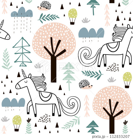 Seamless childish pattern with fairy unicorn, hedgehog in the wood. Creative kids city texture for fabric, wrapping, textile, wallpaper, apparel. Vector illustration Seamless childish pattern with fairy unicorn, hedgehog in the wood. Creative kids city texture for fabric, wrapping, textile, wallpaper, apparel. Vector illustration 112833207