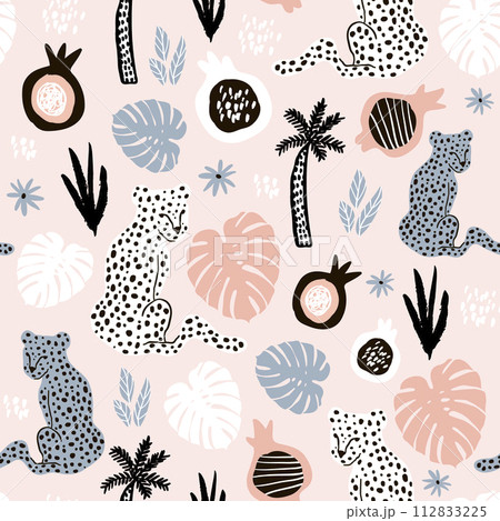 Seamless pattern with hand drawn leopards and palm leaves on pink background. Creative summer modern texture for fabric, wrapping, textile, wallpaper, apparel. Vector illustration Seamless pattern with hand drawn leopards and palm leaves on pink background. Creative summer modern texture for fabric, wrapping, textile, wallpaper, apparel. Vector illustration 112833225