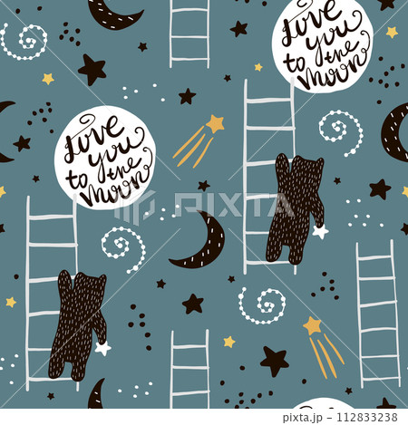 Seamless childish pattern with bears, stars and moon. Creative kids texture for fabric, wrapping, textile, wallpaper, apparel. Vector illustration Seamless childish pattern with bears, stars and moon. Creative kids texture for fabric, wrapping, textile, wallpaper, apparel. Vector illustration 112833238