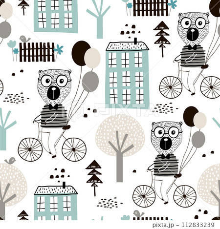 Seamless childish pattern with cute bears bicycling in the city. Creative kids texture for fabric, wrapping, textile, wallpaper, apparel. Vector illustration Seamless childish pattern with cute bears bicycling in the city. Creative kids texture for fabric, wrapping, textile, wallpaper, apparel. Vector illustration 112833239