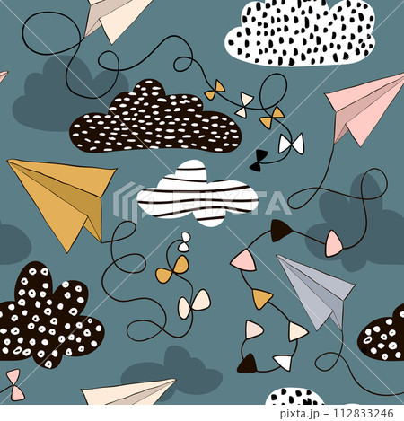 Seamless pattern paper airplanes and clouds. Hand drawn creative childish background.Vector Illustration 112833246
