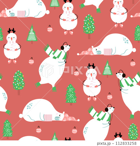 Seamless festive pattern with cute cartoon bear and snowman. Vector holiday background 112833258