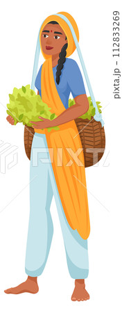Indian woman with fresh vegetables. Cartoon asian farmer 112833269