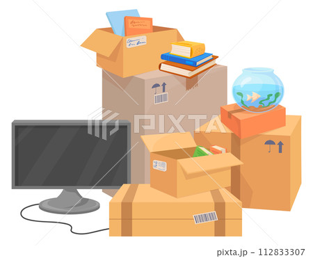 Cardboard boxes with relocation stuff. Cartoon package pile 112833307