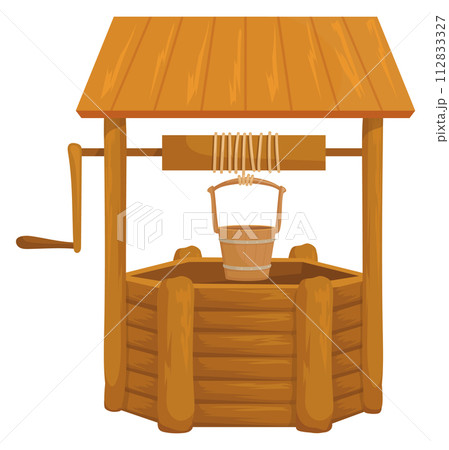 Farm well with wooden bucket. Rustic water source 112833327