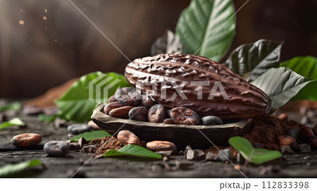 cocoa beans and cocoa on dark background 112833398