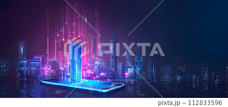 Smartphone with a hologram on the background of the city. 3d rendering 112833596