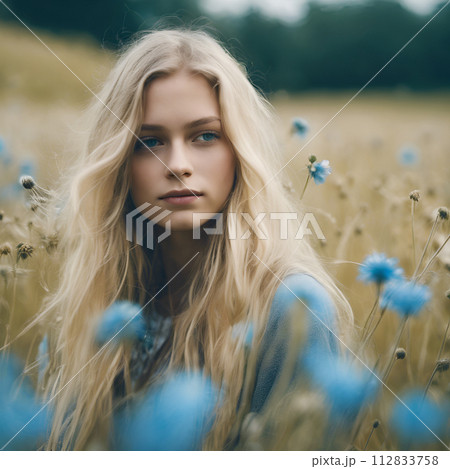 Young blond woman with flowers 112833758