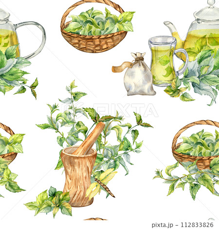 Wooden utensil, glass teapot with herb tea and nettle watercolor seamless pattern isolated on white. Herb sachet and straw basket with medicinal plants hand drawn. Design for textile, wrapping 112833826