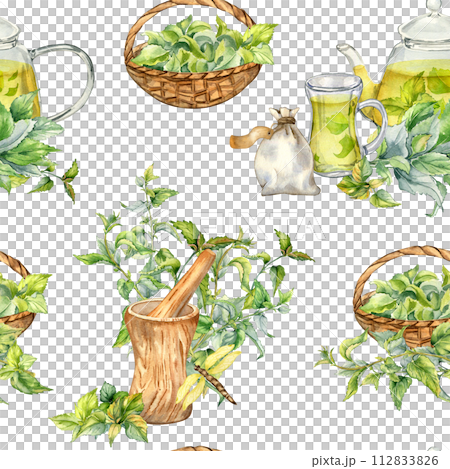 Wooden utensil, glass teapot with herb tea and nettle watercolor seamless pattern isolated on white. Herb sachet and straw basket with medicinal plants hand drawn. Design for textile, wrapping 112833826