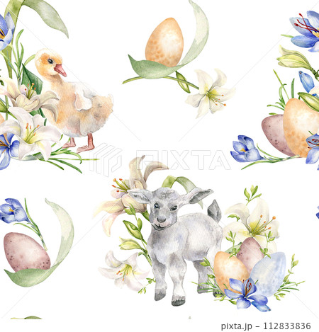 Easter lamb and white flowers seamless pattern isolated on white. Watercolor floral illustration with baby animals. Easter print with pets hand drawn. For design textile, package, wrapping paper 112833836