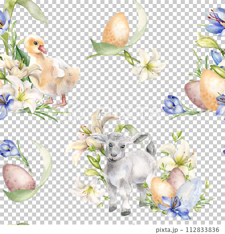 Easter lamb and white flowers seamless pattern isolated on white. Watercolor floral illustration with baby animals. Easter print with pets hand drawn. For design textile, package, wrapping paper 112833836