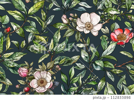 Green tea branch with leaves and wild rose flowers and berries. Green tea branch with leaves and wild rose flowers and berries. 112833898