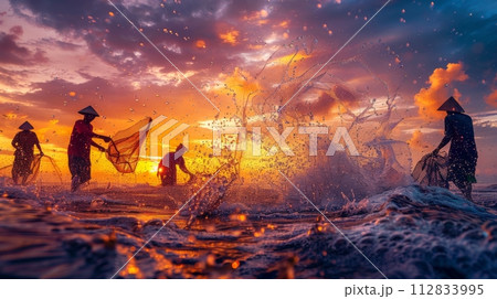 AI-generated content. Traditional fishermen casting nets at sunset, vibrant ocean scene 112833995