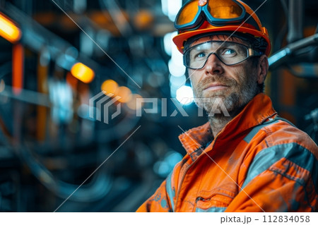 AI-generated content. Industrial miner in high visibility gear with hard hat in a worksite 112834058
