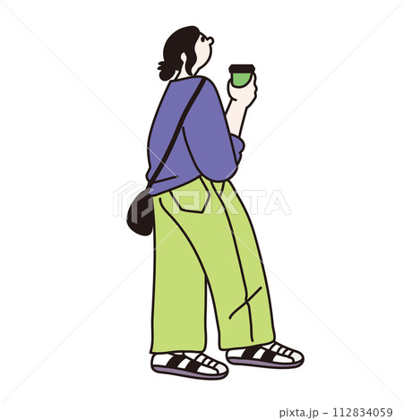 珈琲を持って上を見る女性の線画ベクター 112834059