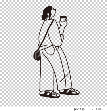 Line drawing vector of a woman holding coffee and looking up 112834060