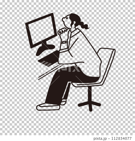 Line drawing vector of a woman thinking while looking at a computer Line drawing vector of a woman thinking while looking at a computer 112834077