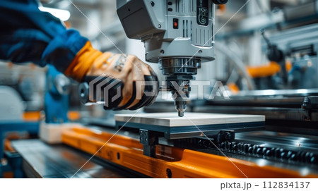 AI-generated content. Over-the-shoulder view of an industrial worker operating CNC machinery 112834137