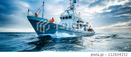 AI-generated content. Commercial fishing vessel sailing on a high sea at sunrise 112834152