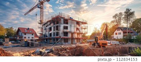 AI-generated content. Modern crane lifting materials at a residential construction site during sunset 112834153