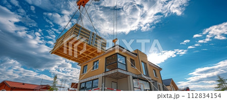 AI-generated content. Modern crane lifting construction materials for residential home build 112834154