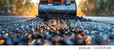 AI-generated content. Asphalt paving machine in action laying a new road with focus on the foreground 112834168