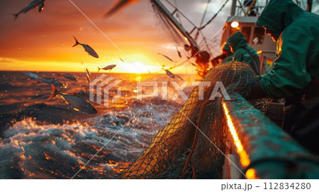AI-generated content. Fishermen at sea during sunrise, hauling in the day's first catch 112834280