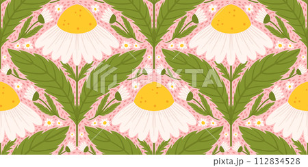 Seamless pattern with daisy flower. Chamomile repeated surface design on light pink girly background Seamless pattern with daisy flower. Chamomile repeated surface design on light pink girly background 112834528