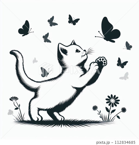蝶と遊ぶ仔猫のシルエットイラスト 112834685