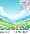 緑の草原と桜のある風景イラスト 112834690