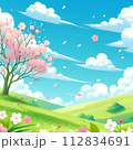 桜が舞う春の草原と青空の風景のイラスト 112834691