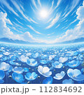 青空に満開のネモフィラ畑のイラスト 112834692