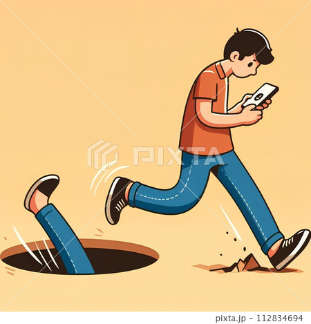 歩きながらスマートフォンに目を落として穴に落ちそうになっている横向きの人 112834694