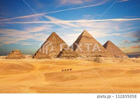 The Pyramid of Egypt complex in the sands of Giza desert, Africa The Pyramid of Egypt complex in the sands of Giza desert, Africa 112835058