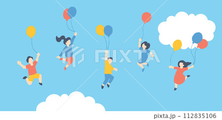 風船を持って空を飛ぶ子供達のイラスト 112835106