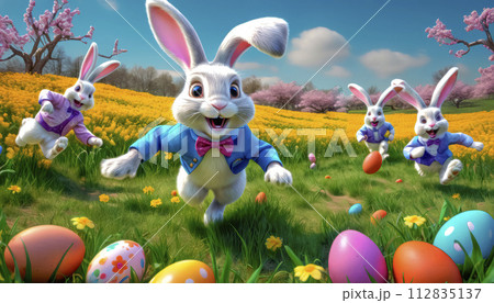 A cute and very cheerful Easter bunny runs along a green lawn, surrounded by Easter eggs and sweets 112835137