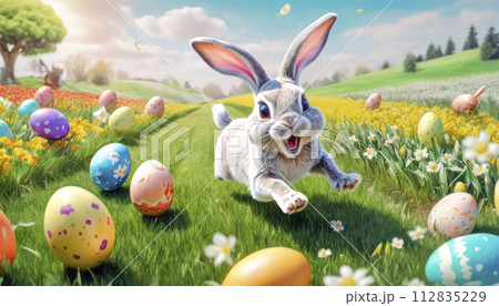 A cute and very cheerful Easter bunny runs along a green lawn, surrounded by Easter eggs and sweets 112835229