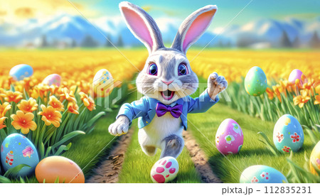 A cute and very cheerful Easter bunny runs along a green lawn, surrounded by Easter eggs and sweets 112835231