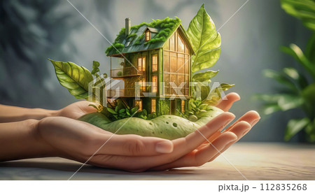 Eco-friendly modern house in female hands, concept of ecology and environmental protection 112835268